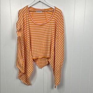 We the Free Womens Crop Top L Orange White Stripe Flutter Sleeves Raw Hem Trendy